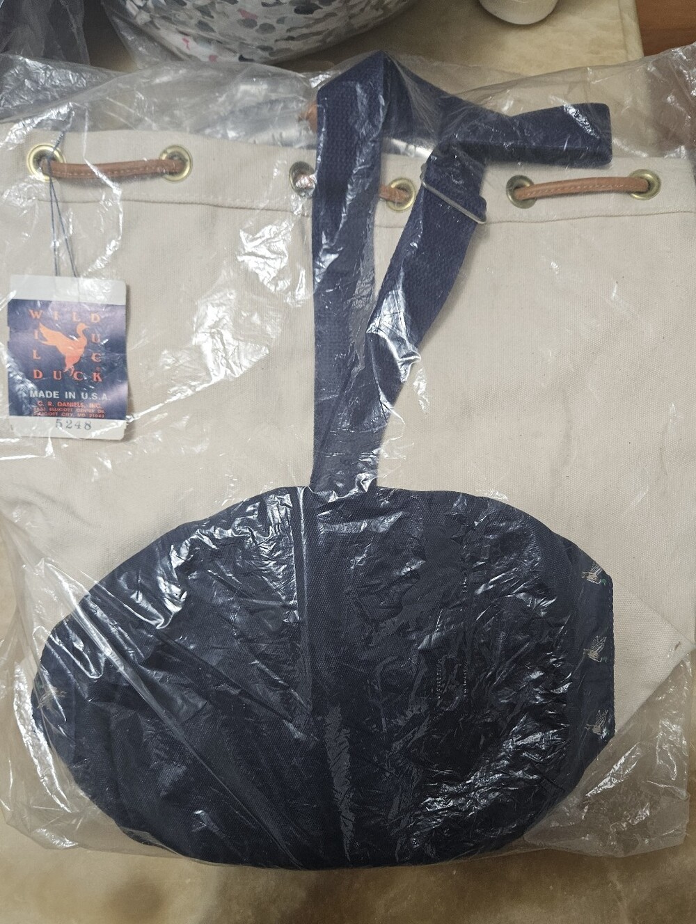 Cr Daniels Wild Duck 100% Canvas Leather Drawstring Tote Bag with Navy Accent